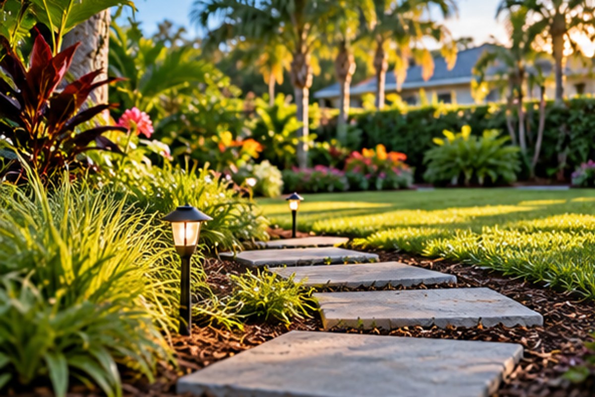Lush landscaped garden path