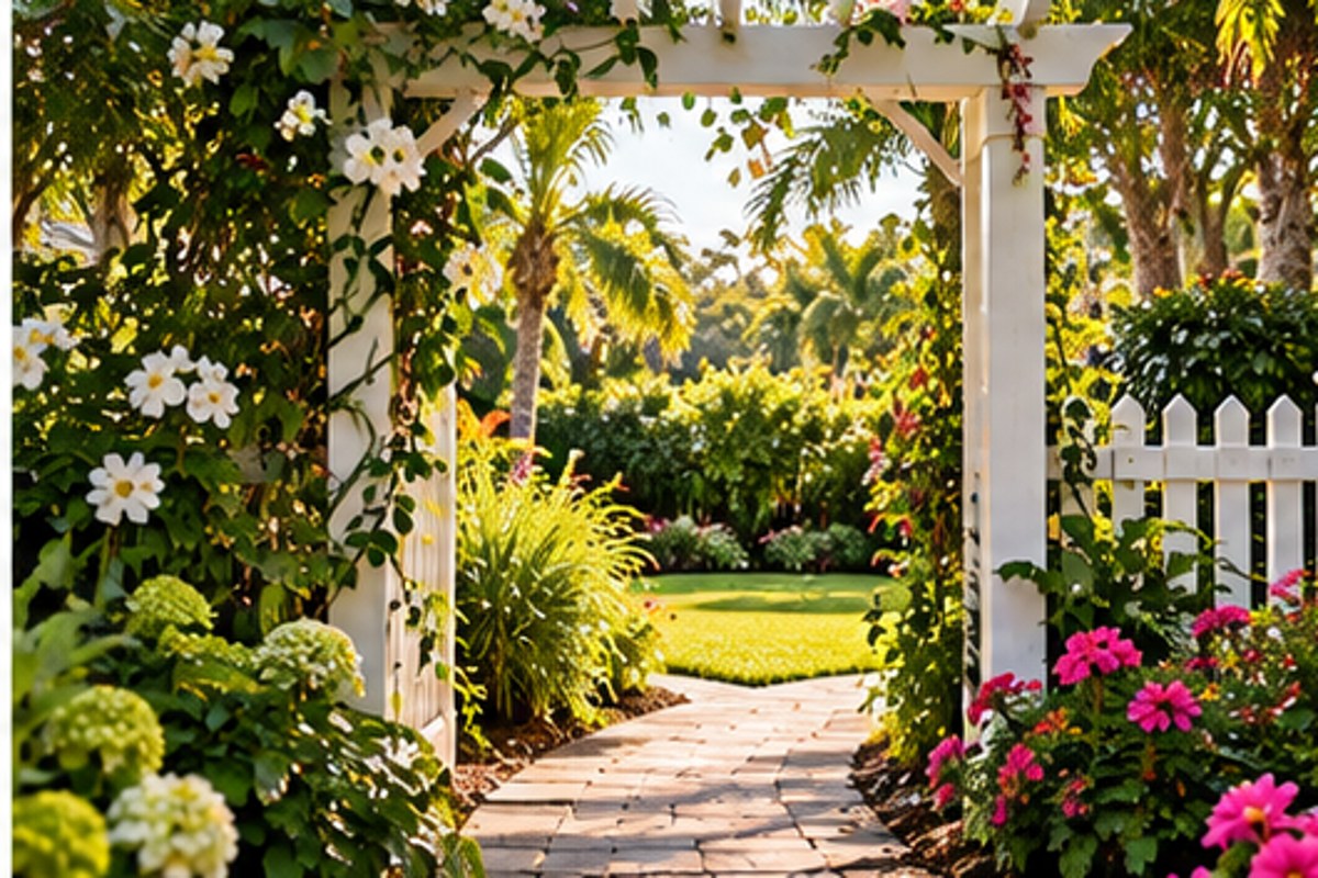Flower-covered garden arch and walkway